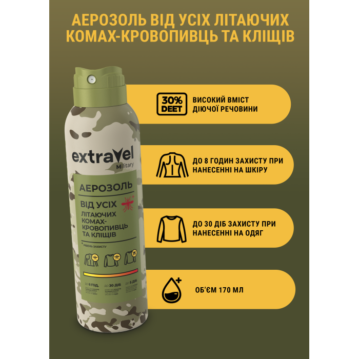 Замовити Аерозоль від усіх комах-кровопивць та кліщів Extravel Military, 170 мл, 38000705 відправка по Україні